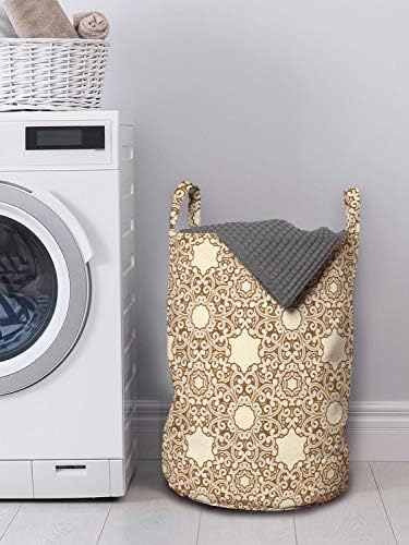 Bolsa de lavanderia Etnhic lunarável, motivos de culturas linhas de giro com padrões ornamentais, cesto de cesto com alças fechamento