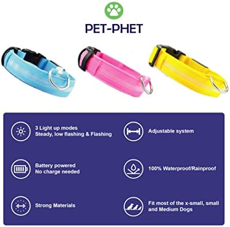 Pet -phet Light Up Collar Dog - Collar de cachorro à prova d'água para segurança noturna, uso diário, caminhadas noturnas, acampamento e caminhada - brilho reflexivo nos modos escuros - 3 claros - bateria de longa duração - ajustável