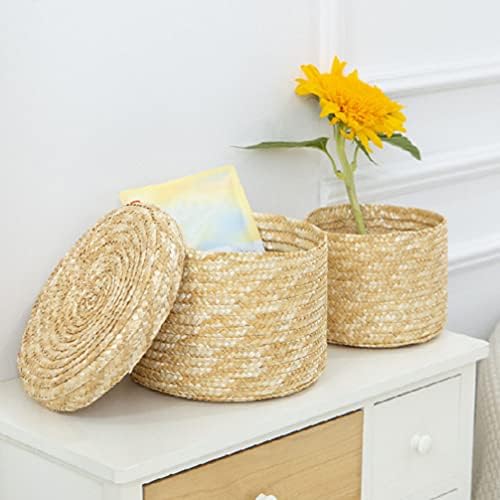 Cesta de armazenamento de crochê redonda cesta de frutas de vime mini -tecido cesta de pão de vime com tampa de lanches vegetais que