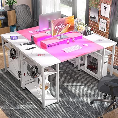 Mesa do computador de armins com luzes LED, mesa de 48 polegadas com saída de energia e USB, mesa grande reversível com suporte de monitor móvel, tabela de 48 '' de jogo para jogos para o escritório, estação de trabalho, rosa e branco
