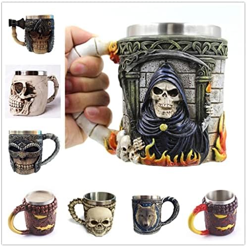 Petsola Creative Creative 3D Skull Resin Stainless Coffee Cup Drinkware Tankard, Wolf Head, conforme descrito