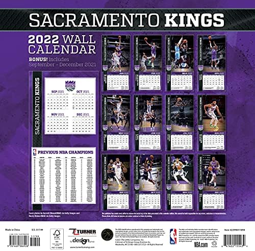 Turner Sports Sacramento Kings 2022 12x12 Calendário de parede da equipe