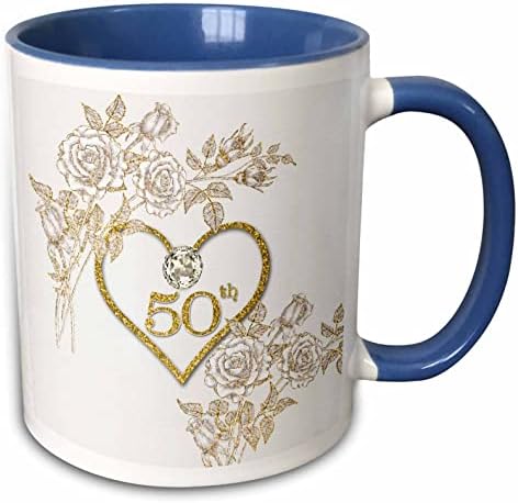 3drose 50th Golden Wedding Anniversary em Faux Gold Glitter Heart on White - Canecas