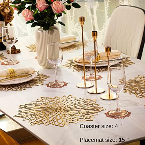 18 pares Placemats metálicos dourados e montanhas -russas correspondentes Decorações de mesa de jantar de plástico de vinil laminadas