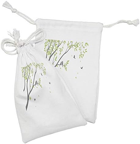 Conjunto de bolsas de tecido de árvore de Ambesonne de 2, folhas de primavera e pássaros florescentes relaxando pelo galho, pequeno saco de cordão para máscaras e favores de produtos de higiene pessoal, 9 x 6, verde limão Dimgray