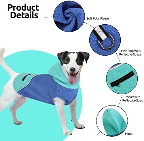 Hoodie de cachorro asenku com tiras refletidas bolso, suéter macio e quente com anel D, colete de cachorro e jaqueta de lã, casaco de inverno para xs-xl cães gatos animais de estimação, azul, x-small