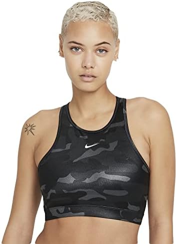 Nike dri-fit swoosh feminino de suporte médio de 1 peças de suportes de pescoço alto sutiã esportivo