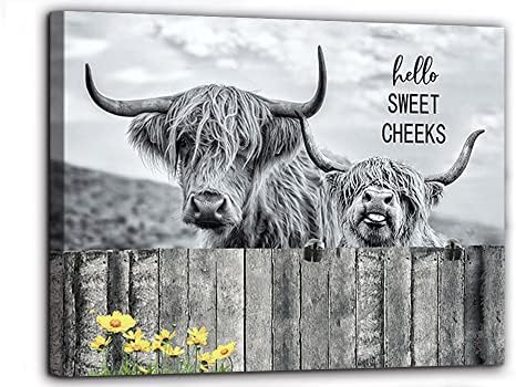 Fengyuyi Highland Cow Wall Art Black e White Cow Canvas Prinha Fazenda Decoração da parede da parede de banheiro Longhorn Cattle