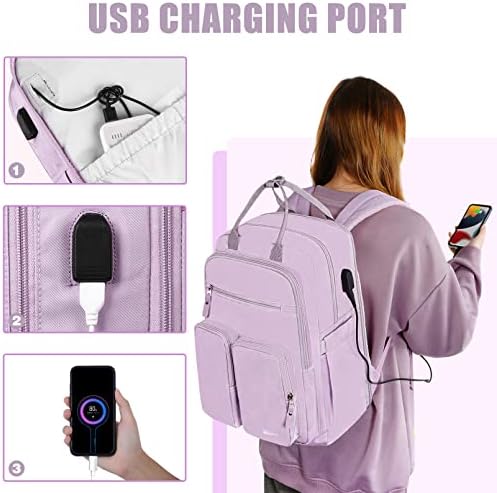 Mochila de laptop de Mancro para mulheres, mochila de 15,6 polegadas com porto de carregamento USB, mochilas de viagem grandes para mulheres, mochilas de backpack da faculdade Backpacks de laptop, roxo