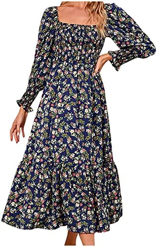 Vestido de estampa floral feminina BOHO Vestido quadrado casual Vestido de manga longa Longa vestidos de balanço fluido
