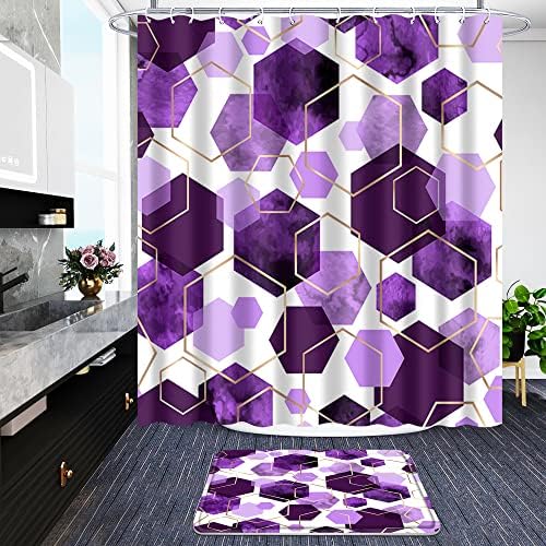 Conjuntos de banheiros Yokyhom, 4 peças de cortina de chuveiro geométrico de banheiro roxo com tapetes, inclusão de