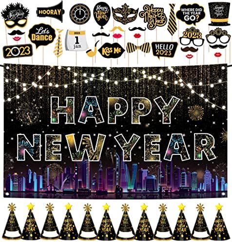 XTRALARGE Feliz Banner de Ano Novo | Feliz Ano Novo Chapéus da festa da véspera | Photo Booth adereços de ano novo 2023 | Decorações