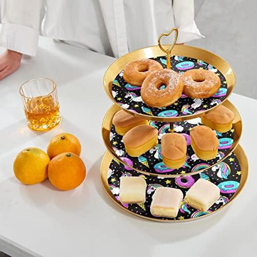 Lyetny 3 Sobessert Stand Stand Gold Cupcake Pastral Stand para Tea Party, Casamento e aniversário, Unicorns Donuts Rainbow