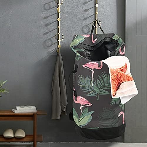 Folhas lavanderia flamingo Backback de lavanderia grande de serviço pesado com tiras de ombro bolsa de roupa à prova d'água para