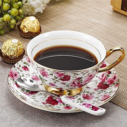Yfqhdd Flores Padrão de estilo europeu Bone China Porcelana Tarde de chá de chá de café Conjunto com pires & colher e estande de ferro