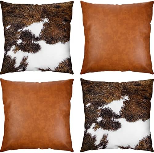 Capas de travesseiros ocidentais 18 x 18 Conjunto de 4, covers de travesseiro de couro falso e sotaque de goma -vaca impressão