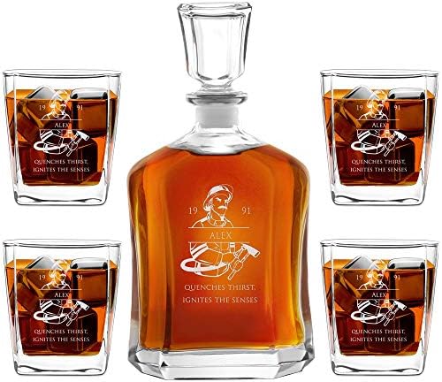 MAVERTON Whisky Carafe + 4 copos com gravura - 23 fl oz. Spirits clássicos Decanter for Man - Whisky elegante para ele