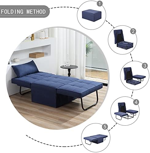 Sofá-cama, 4 em 1 em 1 cadeira de linho de linho respirável dobrável de 4 em multifuncionalidade com cadeira conversível moderna ajustável para o escritório de apartamentos da sala de estar, azul