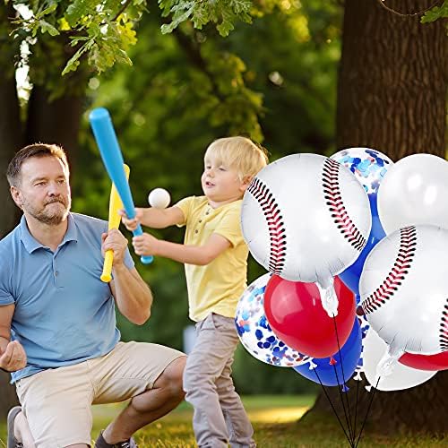 100pcs tema de beisebol balões de beisebol decorações de festas de beisebol kit de beisebol balões de papel alumínio vermelho azul branco esporte balões para esportes suprimentos de decoração de festas com temas com rolos de fita branca azul vermelho