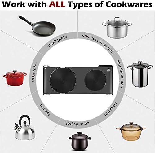 CUSIMAX 900W+900W Placas quentes duplas, pratos quentes de ferro fundido, fogão elétrico, pratos quentes para cozinhar queimador duplo elétrico portátil, queimador de bancada de aço inoxidável preto