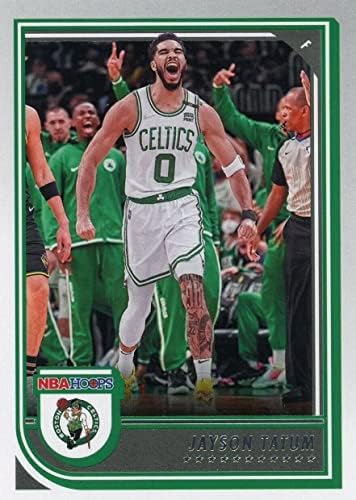 JAYSON TATUM 2022 2023 HOOPS BASKETBALL Series Card 1, imaginando -o em sua camisa branca do Boston Celtics