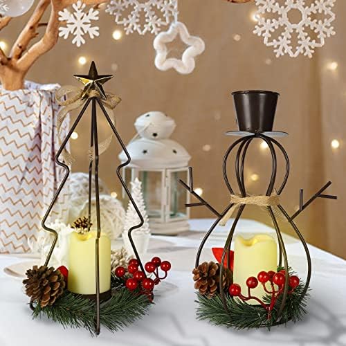 Conjunto de mortime de 2 lanternas de vela LED de Natal, árvore de Natal de metal e boneco de neve com pinhas de pinhas para