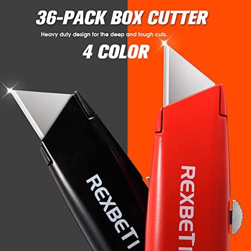 Rexbeti 36 Faca utilidade de matilha Cutter de caixa retrátil, 4 coloras de faca de concha de alumínio pesada com lâminas extras de 30pc SK5 para caixas, papelão e caixas