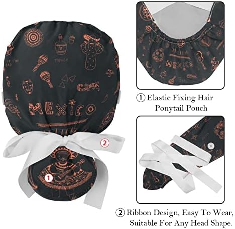 Símbolos do México 2 PCs Chapéus Bouffant ajustáveis ​​com botões e tampas de gravata da cabeça da fita de banda de suor