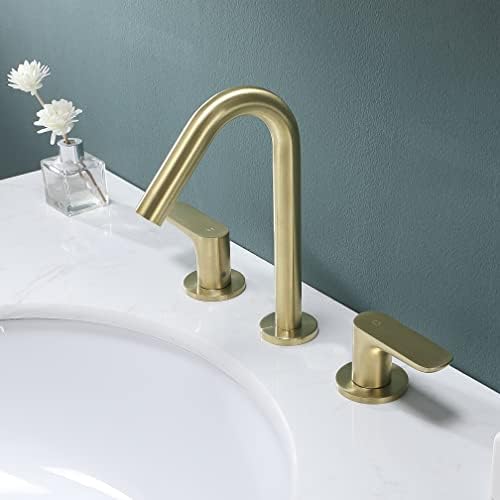 Ikebana escovou a torneira de banheiro generalizada de ouro, 3 orifícios 2 alça de aço inoxidável pia de banheiro torneira comercial moderna comercial de 8 polegadas Vanidade de banheiro com mangueiras com mangueiras