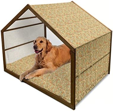 Ambesonne Floral Wooden Dog House, estampa de flores em turbilhão e folhas encaracoladas no estilo grunge de doodle, canil