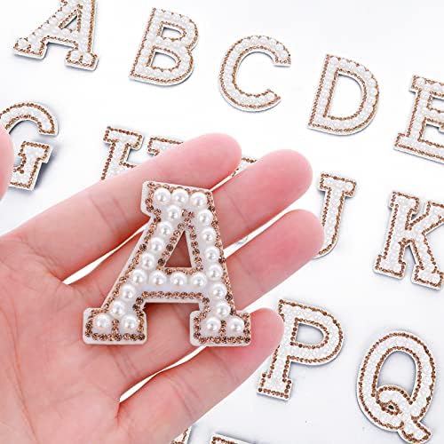Prasacco 26 peças Ferro em letra Patches A-Z Rhinestone Pearl Glitter Alphabet Patches Ferro em letras para roupas costura em letras