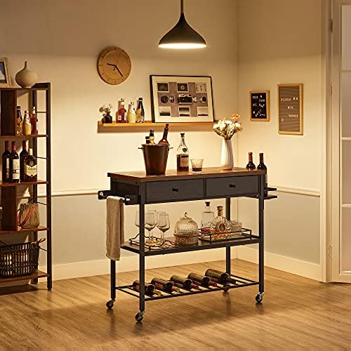 Ilha da cozinha de Vasagle, carrinho de cozinha, suporte para microondas de três camadas com 2 gavetas, barra de toalhas, suporte