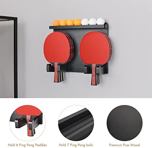 IKKLE Ping Pong Pongue Paddle Montado na parede, raquete de tênis de mesa e rack de armazenamento de esferas para 6