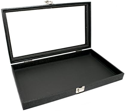 Caixa nova de vidro de vidro médio top preto em couro de metal jóias exposição de jóias 8.1x4.75x2 + bolsa NB personalizada