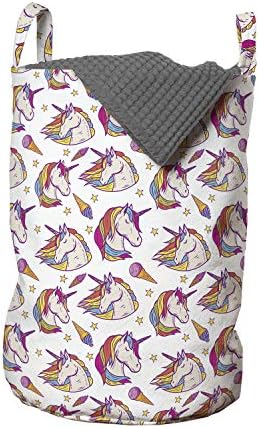 Bolsa de lavanderia de festas de unicórnio de Ambesonne, padrão de desenho animado com chifre colorido e sorvetes, cesto de cesto com alças fechamento de cordão para lavanderias, 13 x 19, multicolor