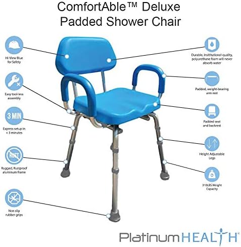 Cadeira de chuveiro acolchoada e cadeira de banho com apoios de braços e costas, confortável cadeira de chuveiro de luxo para chuveiro