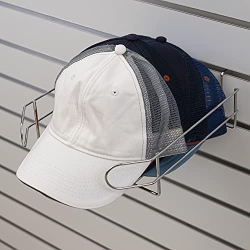 Black/Chrome/Branco Slatwall Cap rack para exibir chapéus ajustados, chapéus de snapback, chapéus não estruturados e tampas de