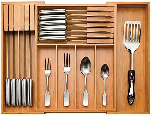 Organizador de gavetas de cozinha expansível de bambu com suporte de faca, suporte de utensílio ajustável e organizador de bandeja de talheres, divisor de gavetas para talheres, talheres, facas na cozinha, quarto, sala de estar