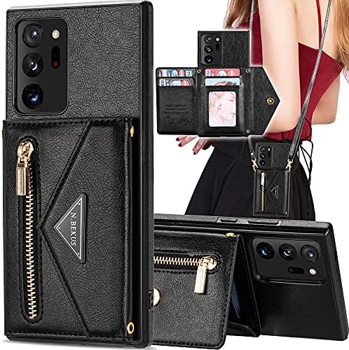 Auker Galaxy Note 20 Ultra Case Carteira, Samsung Note 20 Ultra Caso com porta -cartas, bolsa de bilhar de chuteiro de couro elegante de couro com alça de ombro com zíper da carteira de bolso preto preto