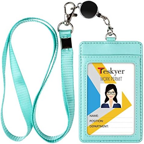 Teskyer ID ID Badge Titular com cordão retrátil, Easy Swipe Premium PU Leather Id Card Titular com slots de 2 cartas para ID
