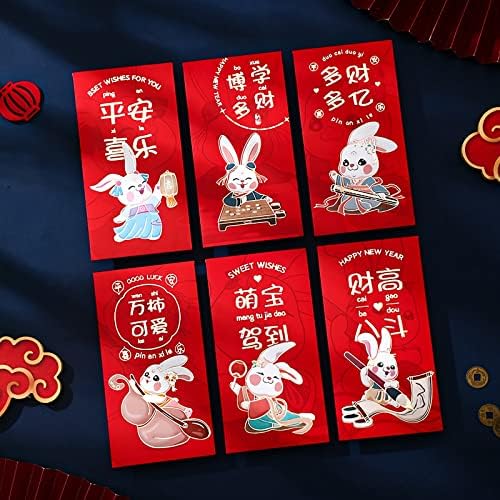 Envelopes vermelhos de Baiwovis para o festival da primavera 2023 - Padrões de coelho, presente com bons desejos para o chinês