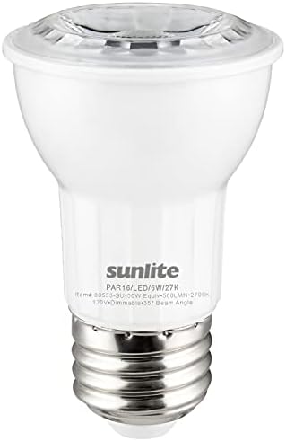 Sunlite 80553 LED LUZECENDO PAR16 LUZECTOR, 6 watts, 500 lúmens, Base E26 Média, Dimmable, holofote, 90 CRI, Energy Star, ETL listado, compatível com título 20, 1 contagem, 2700k Soft White Soft