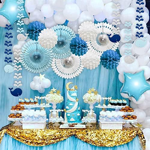 Decorações de chá de bebê de baleia azul para crianças meninos, é uma faixa de garoto, faixas de baleias penduradas, fãs de papel, pom poms flores, balões de papel alumínio para o aniversário temático do oceano