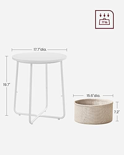 Vasagle pequena mesa lateral redonda, mesa de cabeceira moderna com cesta de tecido, branco + bege