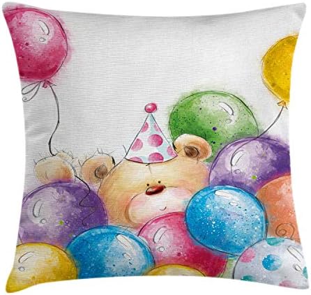 Capa de almofada de travesseiro de aniversário de Ambesonne, design de pelúcia infantil de estilo de pelúcia e balões coloridos, estampa de travesseiro de acento de retângulo decorativo, 36 x 16, multicolor