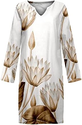 Mulheres vestido casual estampa de flor v linho de algodão de pescoço de comprimento de manga longa de manga longa Véspera
