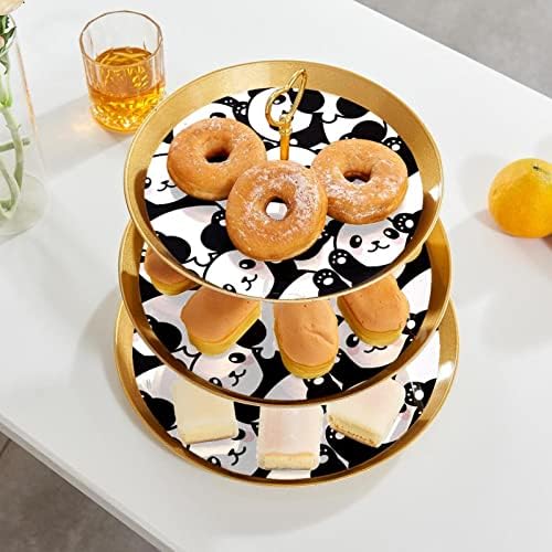 3 Placa de fruta de cupcakes de 3 camadas de sobremesa Plástico para servir suporte de exibição para casamento de aniversário Decorações de chá de chá de chá de bebê redondo, padrão de panda de animal fofo