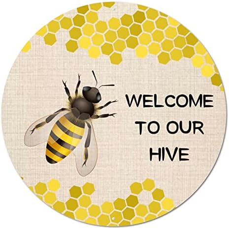 Sign de metal redondo, abelhas e favos de mel bem -vindo à nossa colméia engraçada, sinal de pub vintage sinalizador metal poster