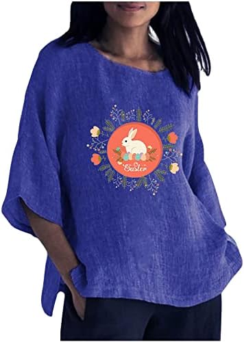 Camiseta de páscoa feminino feminina moda redonda pescoço 3/4 camiseta de camiseta de topo de algodão e coelho de