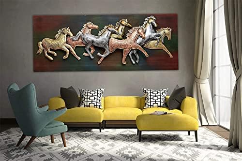 Decoração de parede de metal aona/moldura elegante montada na parede 7 sete cavalos de corrida com luz LED, 53 polegadas x 23 polegadas